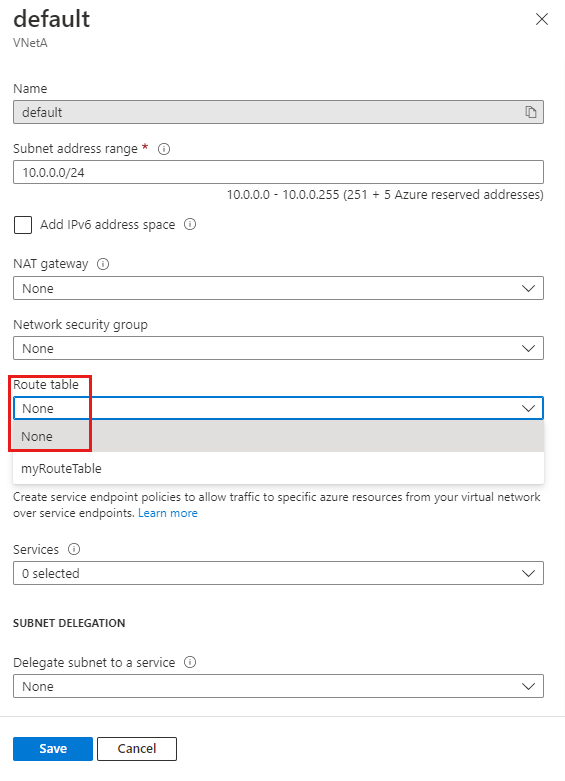 Screenshot of removing a route table from a subnet.