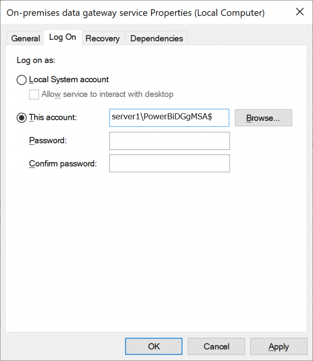 Screenshot showing where to update the service logon account in the service properties.