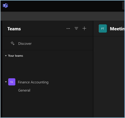 Screenshot of Teams showing Finance Accounting in Your teams.