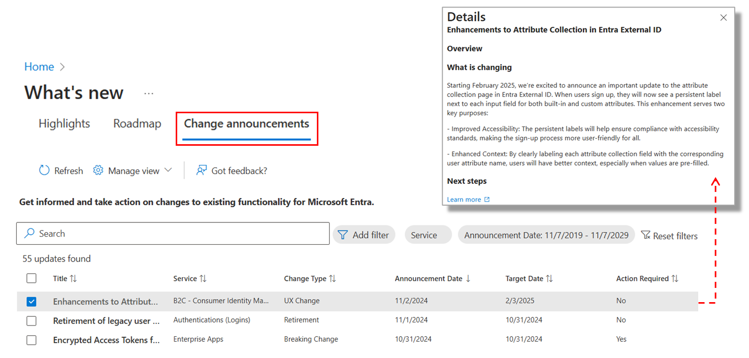 Screenshot of the Microsoft Entra What's new Change announcements experience in the Microsoft Entra admin center.