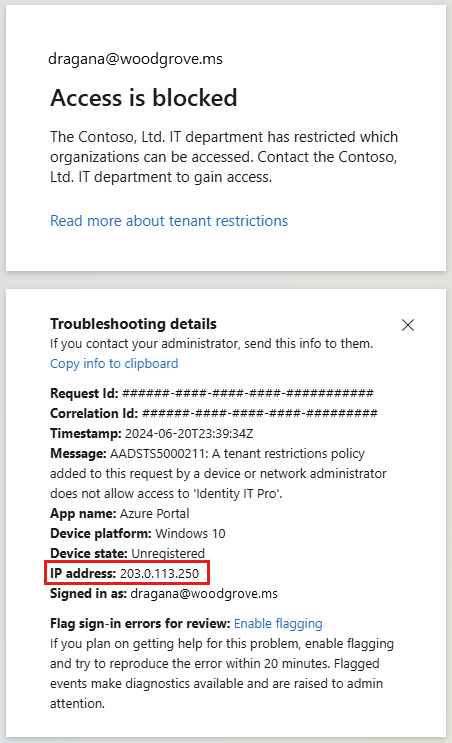 Screenshot of the 'Access is blocked' message with the IP address highlighted.