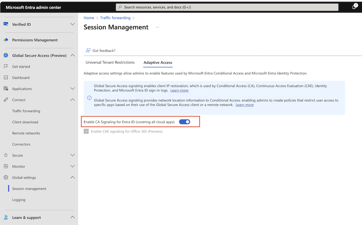 Screenshot showing the toggle to enable signaling in Conditional Access.