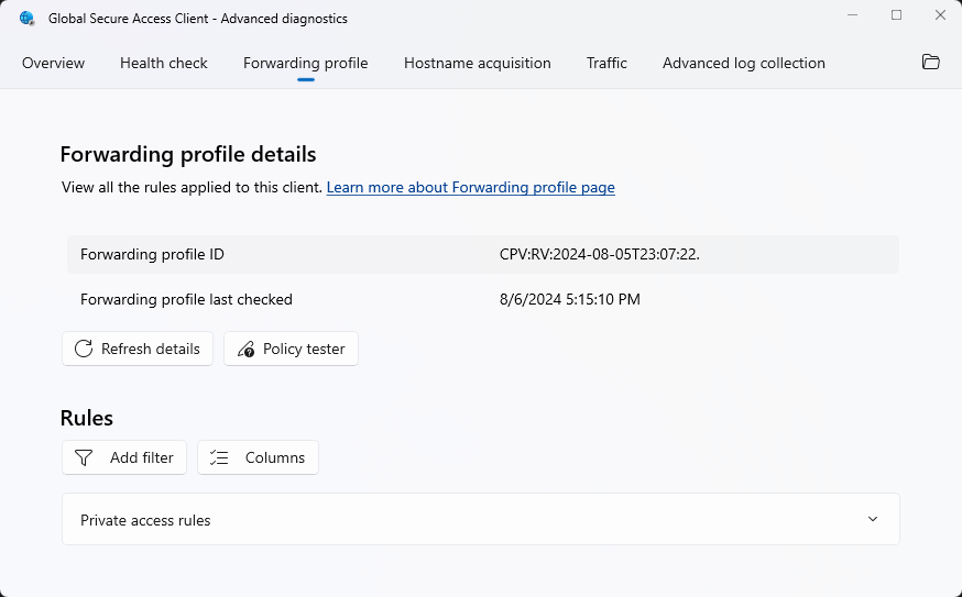 Screenshot showing the Global Secure Access Client - Advanced diagnostics dialog box on the Forwarding profile tab.