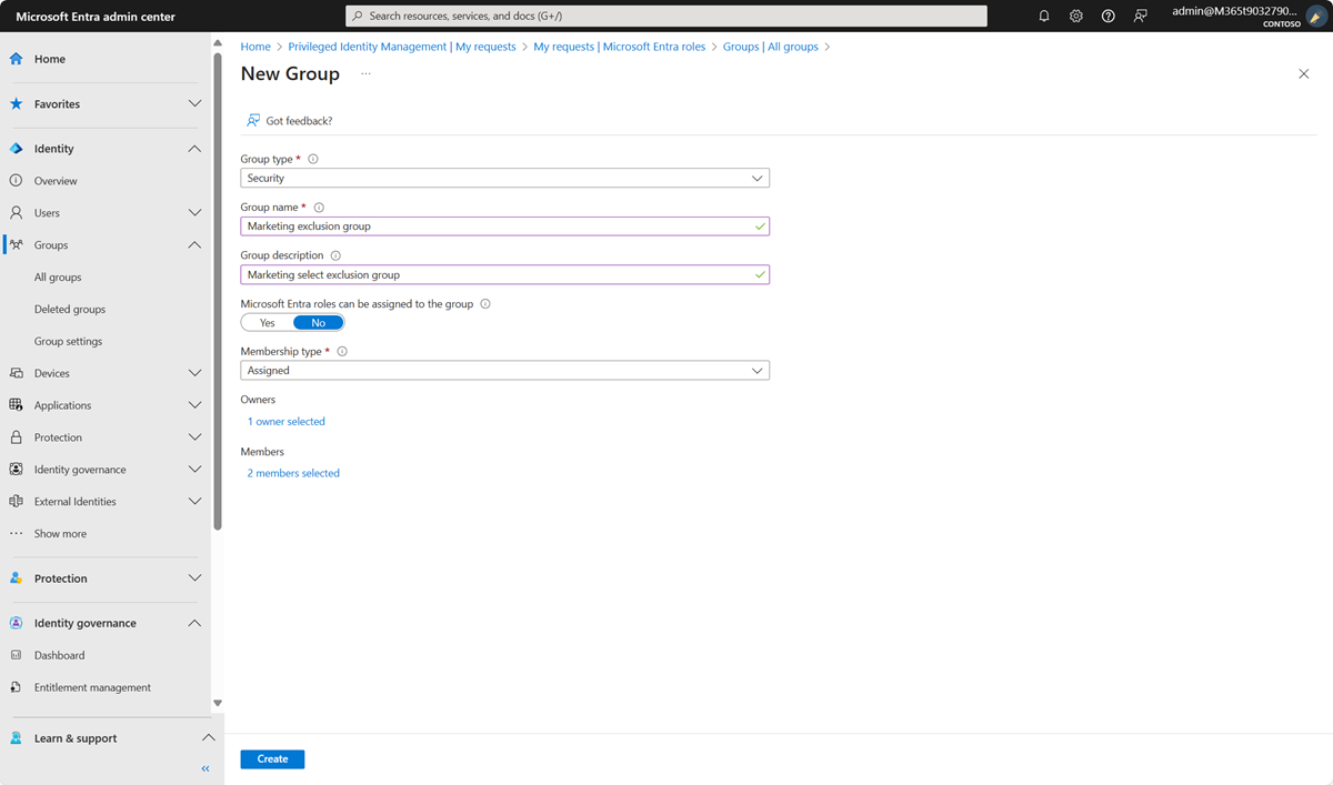 New group pane in Microsoft Entra ID