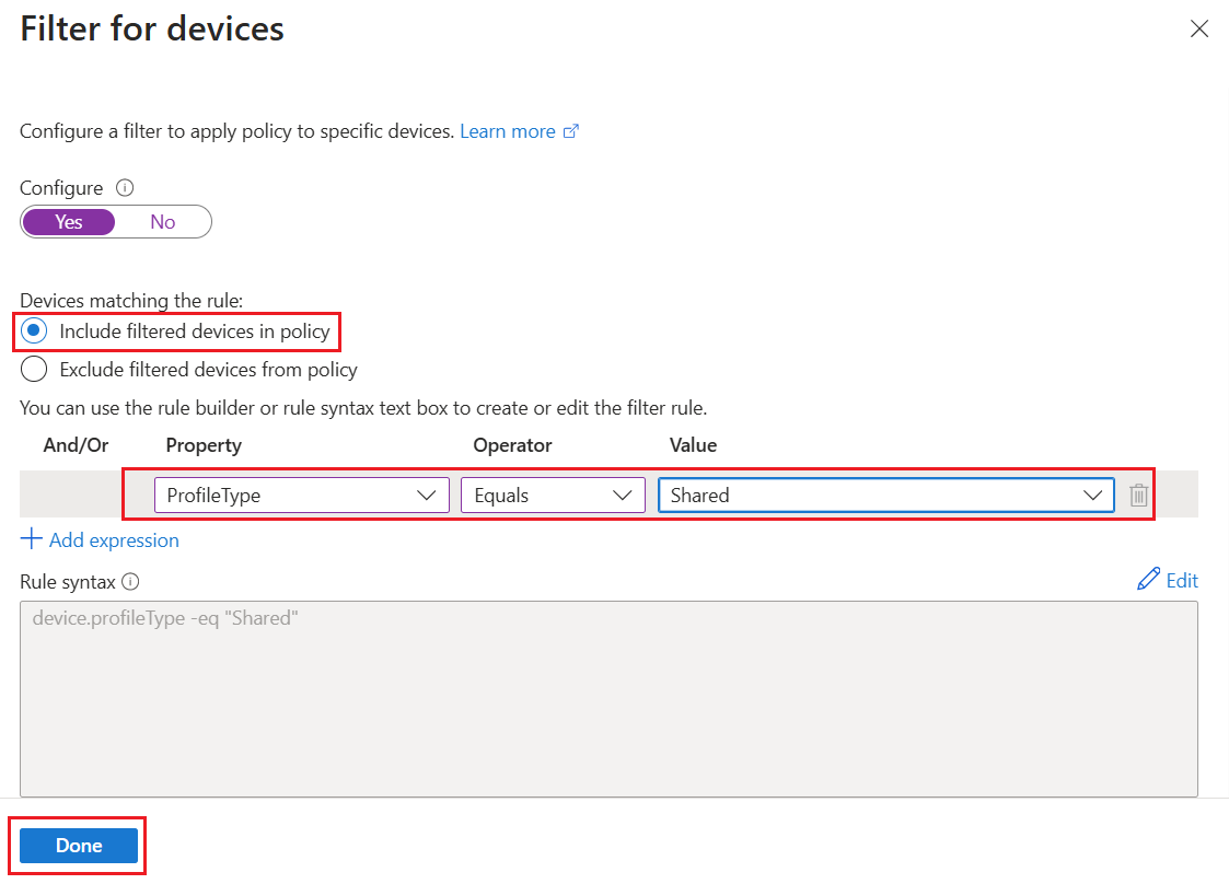 Screenshot that shows how to include filtered devices from a policy for an authentication strength.