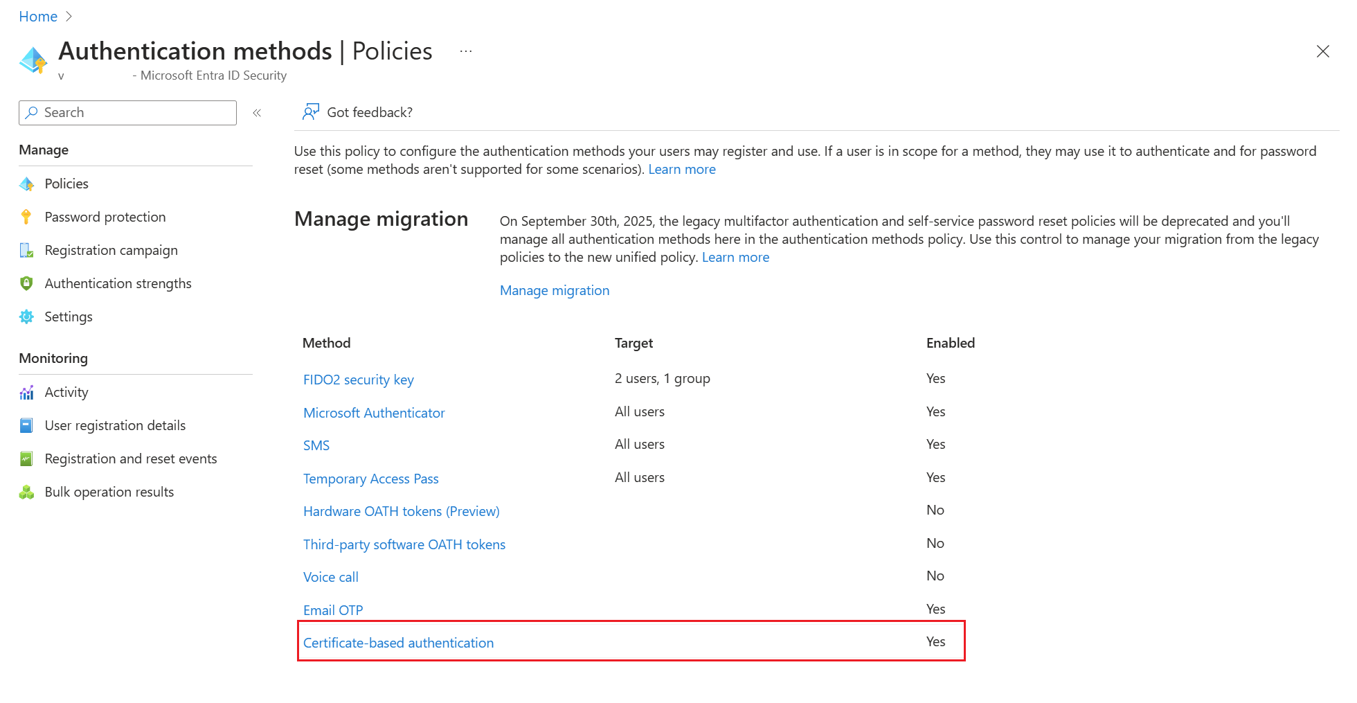 Screenshot of Authentication policy.