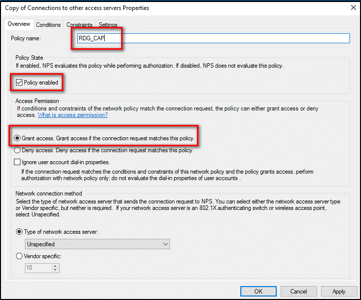 Name the policy, enable, and grant access