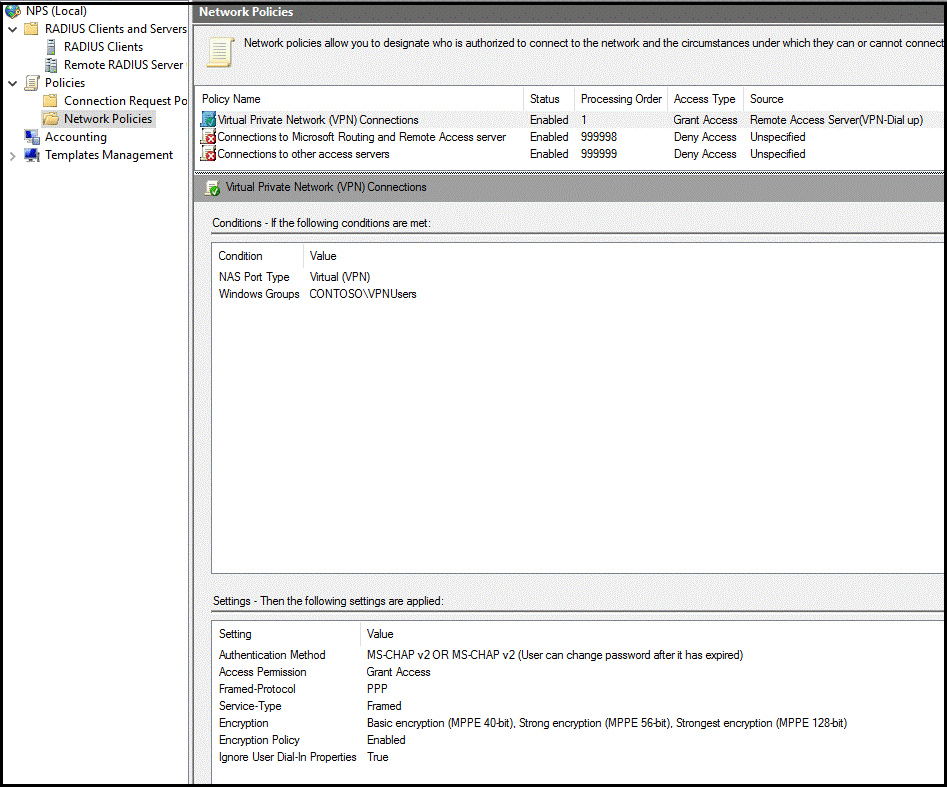 Network Policies showing Virtual Private Network Connections policy