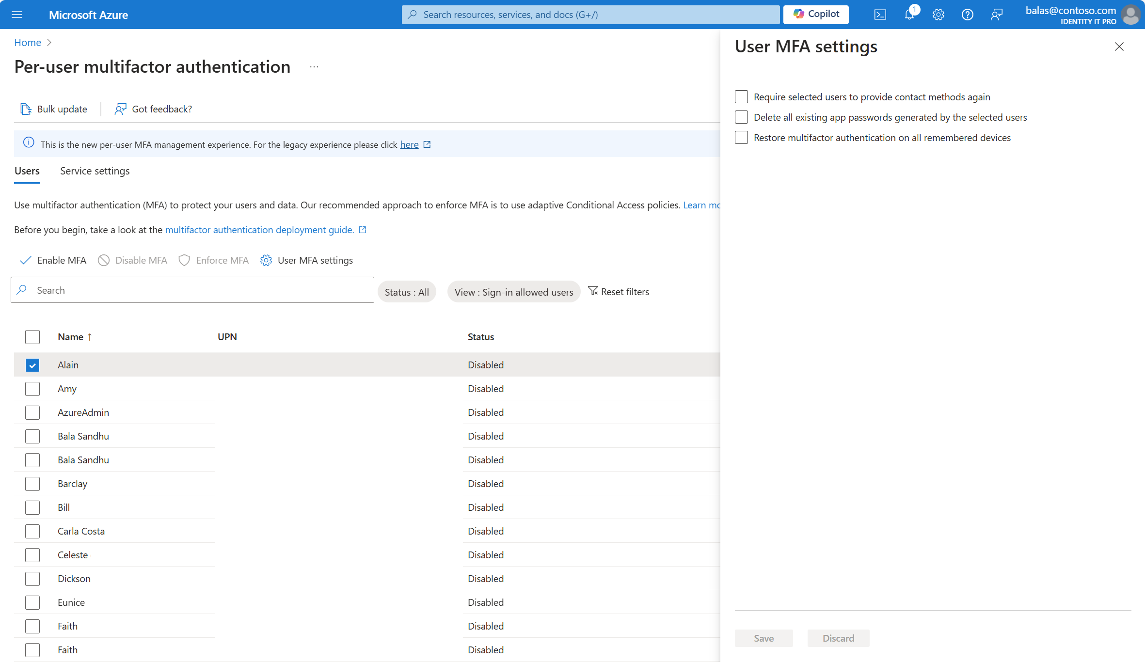 Screenshot that shows an example of MFA settings for a user.