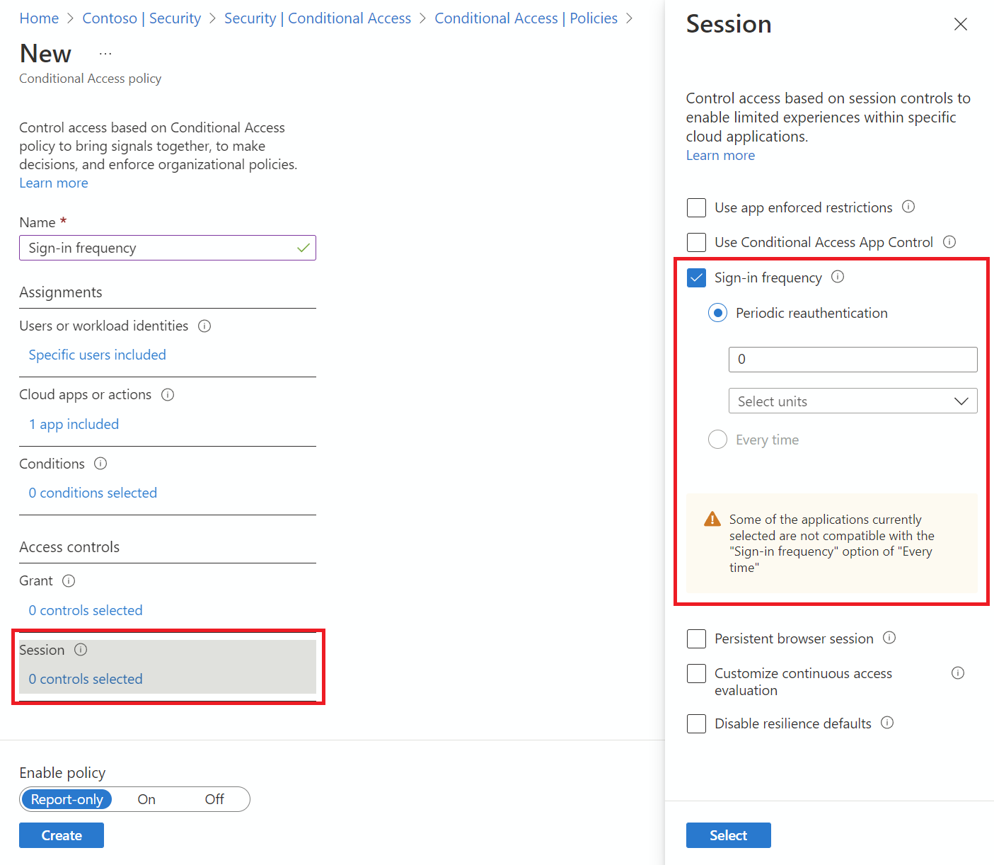 Screenshot showing a Conditional Access policy configured for sign-in frequency.