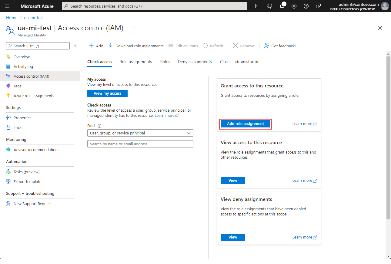 Screenshot that shows the user-assigned managed identity access control screen.