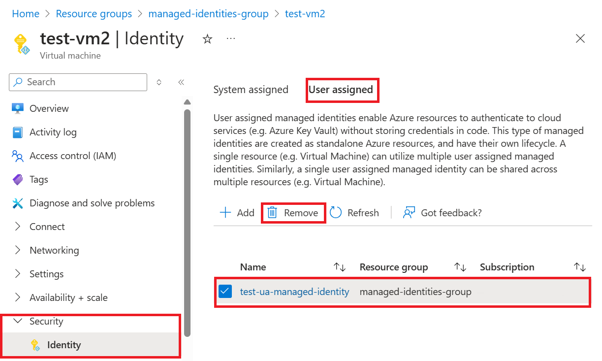 Screenshot showing how to remove user-assigned managed identity from a VM