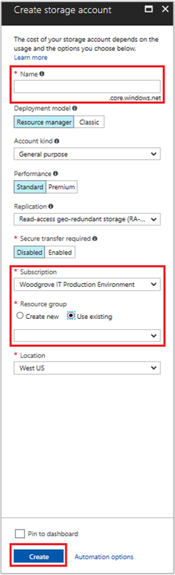 Screenshot showing how to create new storage account.