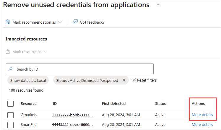 Screenshot of the more details link in the impacted resources table.