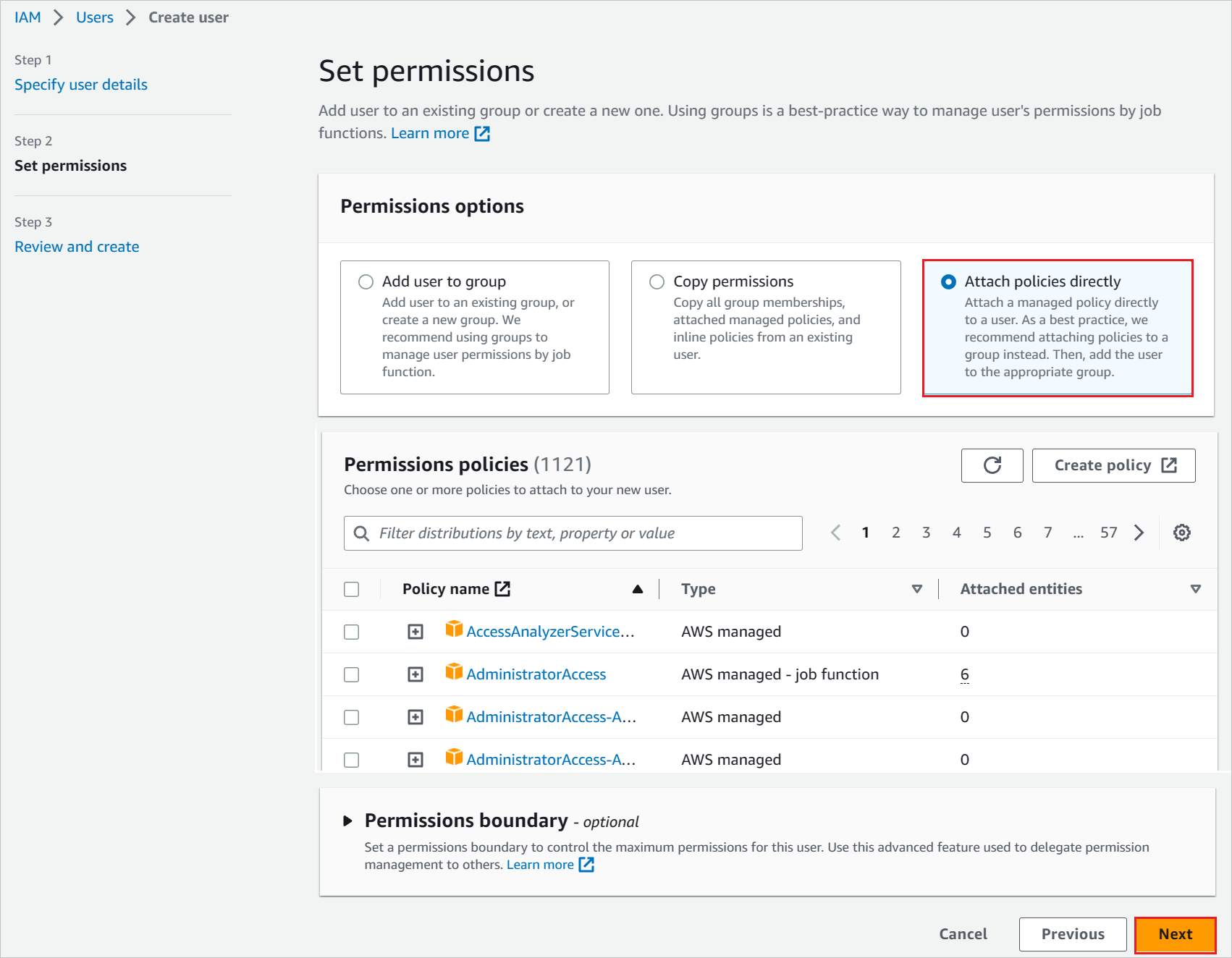 Screenshot shows the Add user page where you can create a policy for the user.