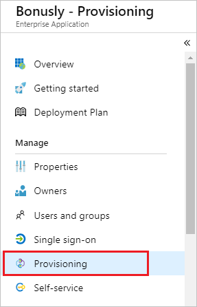Screenshot of the Bonusly - Provisioning tab. Under Manage, Provisioning is highlighted.