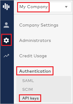 Screenshot of the Dialpad admin console, with the settings icon, My Company, Authentication, and A P I keys highlighted, and My Company selected.