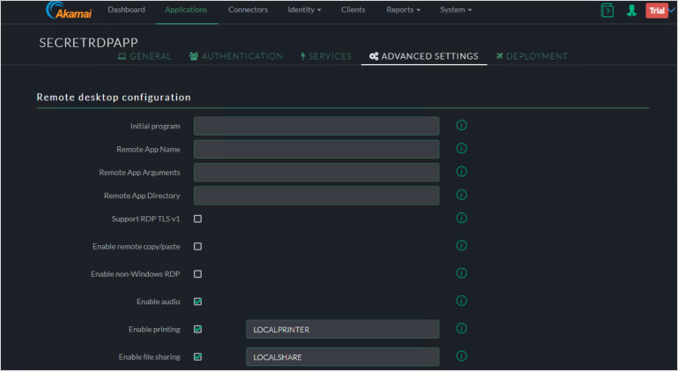 Screenshot of the Akamai EAA console Advanced Settings tab for SECRETRDPAPP showing the settings for Remote desktop configuration.