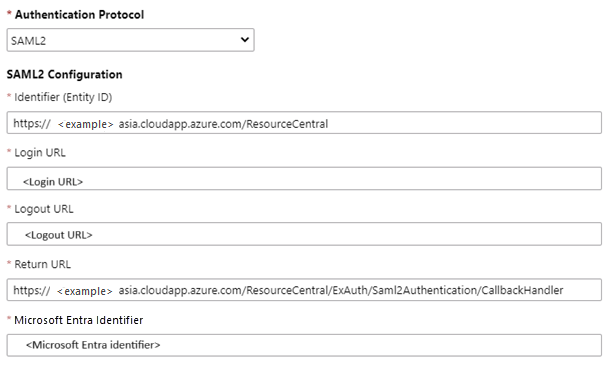 Screenshot of the SAML2 Configuration pane in Resource Central.