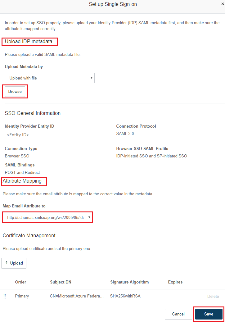 Screenshot shows the Set up Single Sign-On page where you can upload I D P metadata.