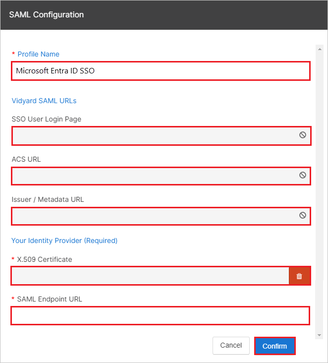 Screenshot shows the SAML Configuration section where you can enter the values described.