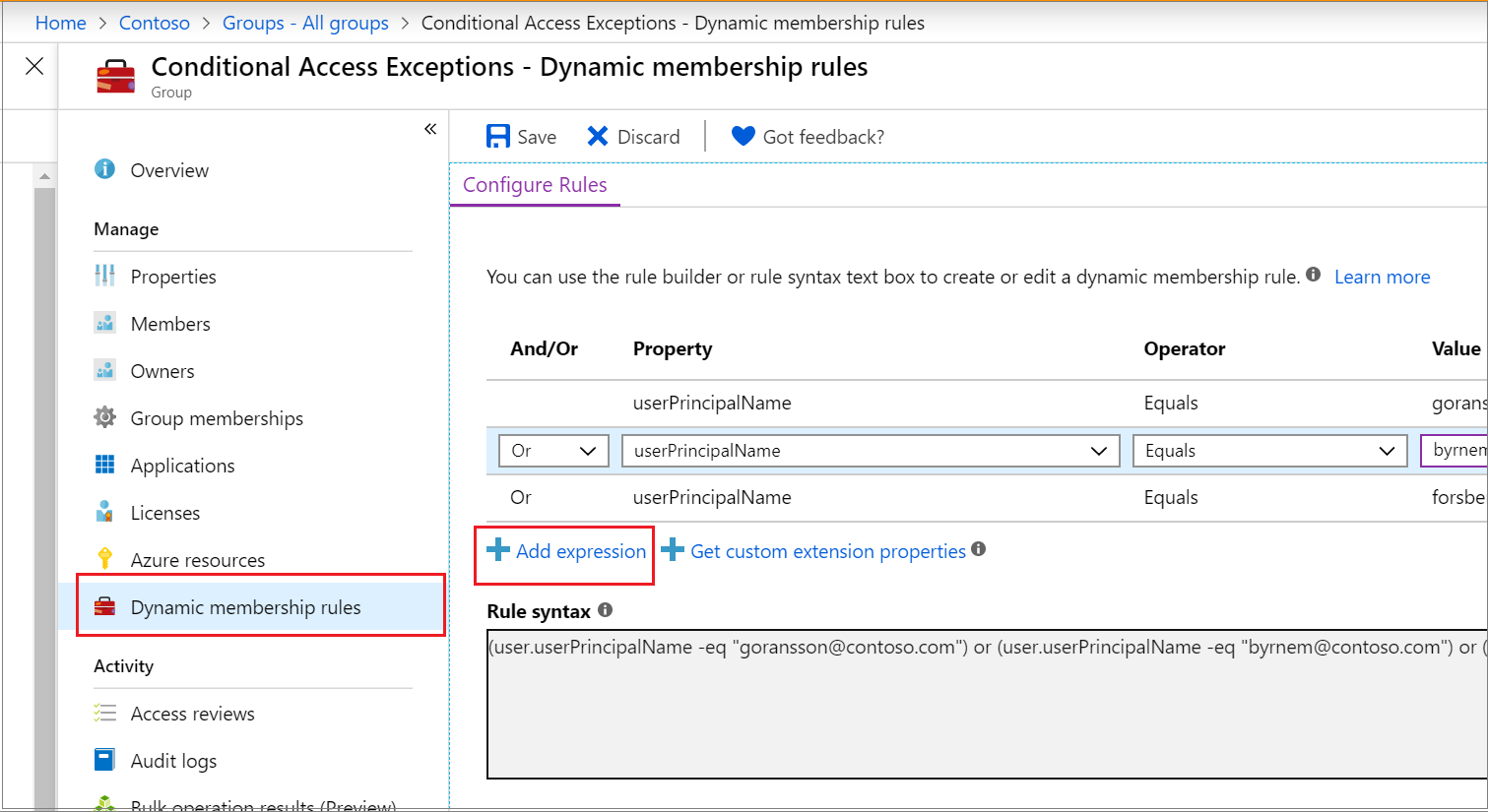 Screenshot that shows the rules for dynamic membership groups page with the Add expression action on the Configure rules tab selected.