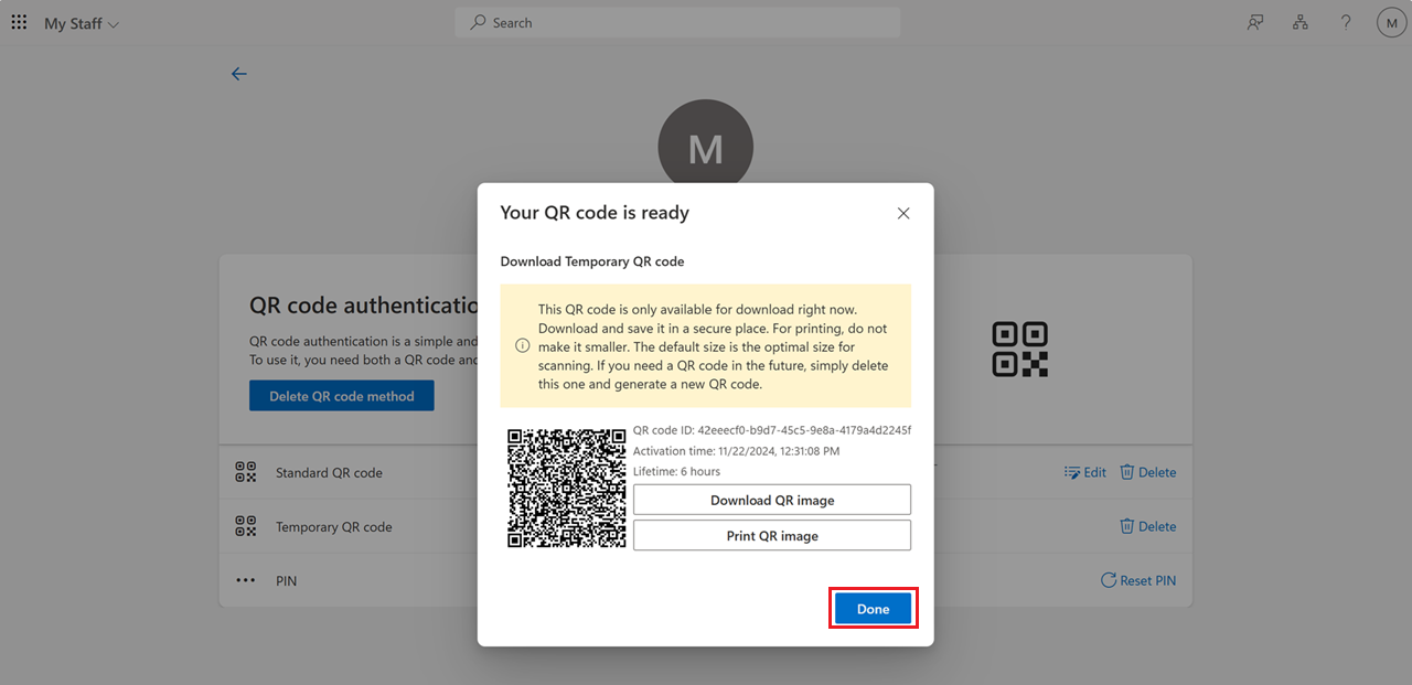 Screenshot that shows how to view a temporary QR code in My Staff.