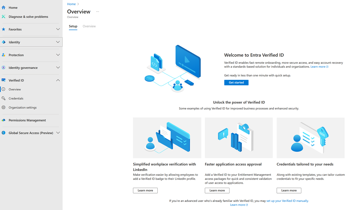 Screenshot that shows how to set up Verifiable Credentials.