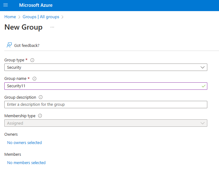 Screenshot of new group creation dialog in Azure portal.