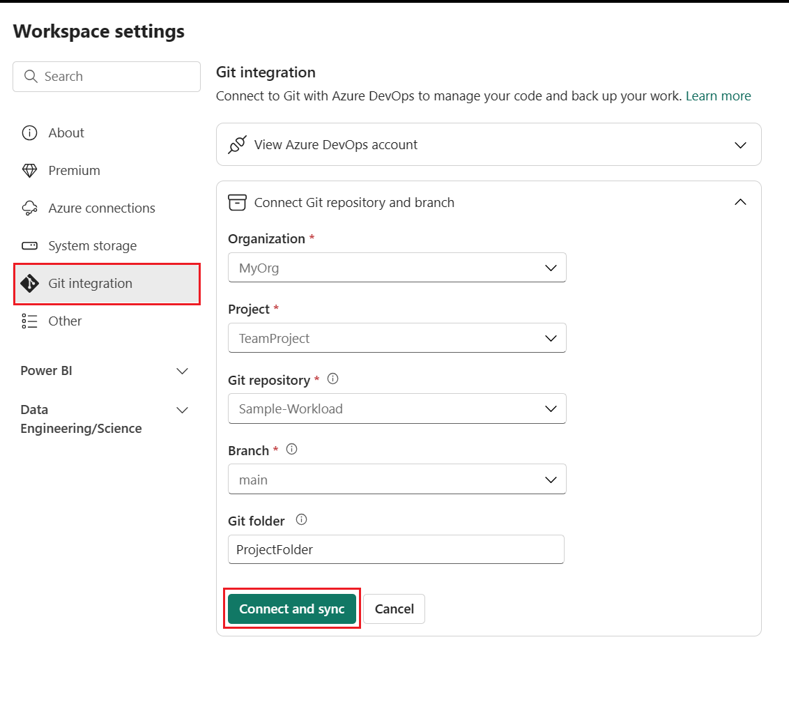 Screenshot of workspace settings Git integration window with workspace connected to main branch of repo.