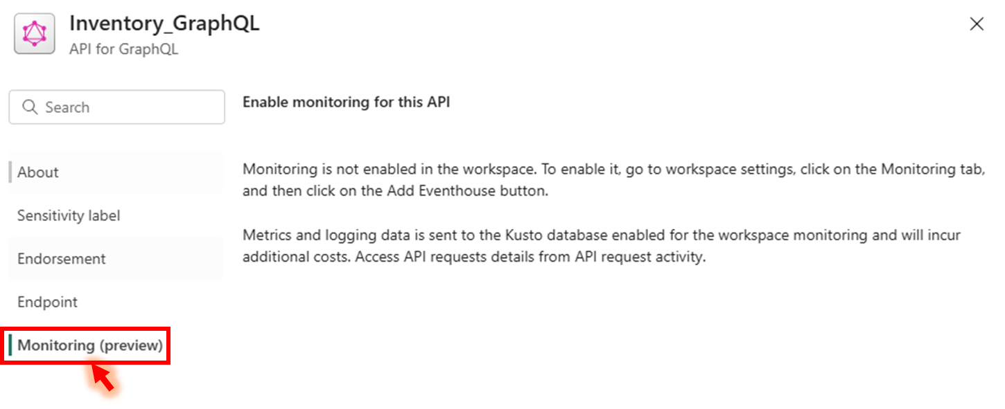 Screenshot of selecting Monitoring from the API for GraphQL settings.