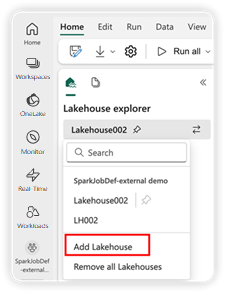 Screenshot showing where to find the Add lakehouse option.