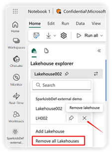 Screenshot showing where to remove a lakehouse.