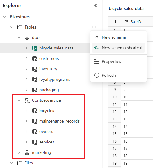 Screenshot showing the new lakehouse schema shortcut.