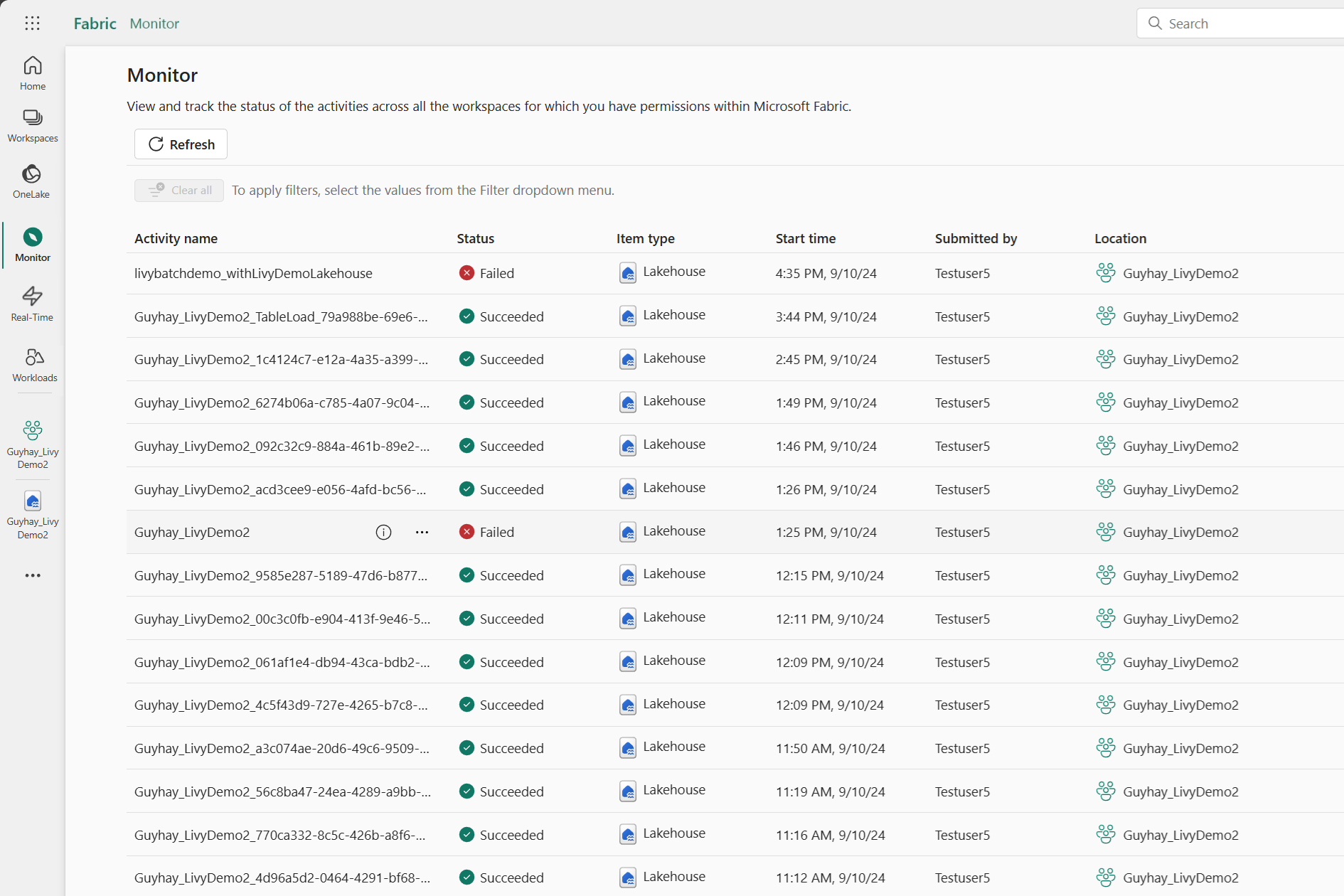 Screenshot showing previous Livy API submissions in the Monitoring hub.