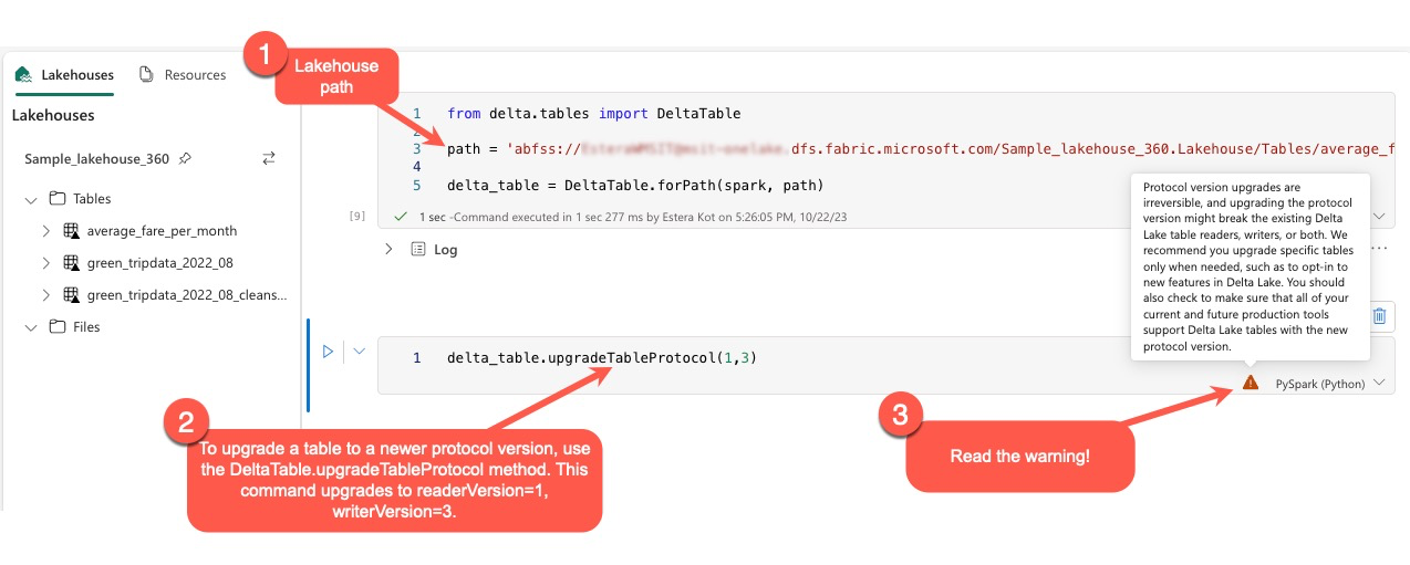 Screenshot showing the warning when upgrading the delta lake protocol.