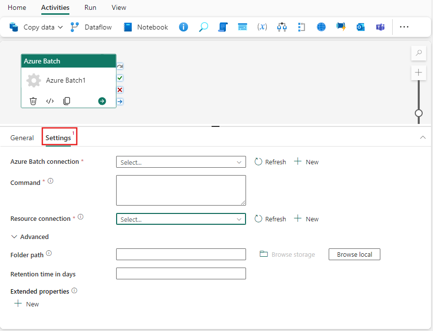 Screenshot showing the Settings tab of the Azure Batch activity.