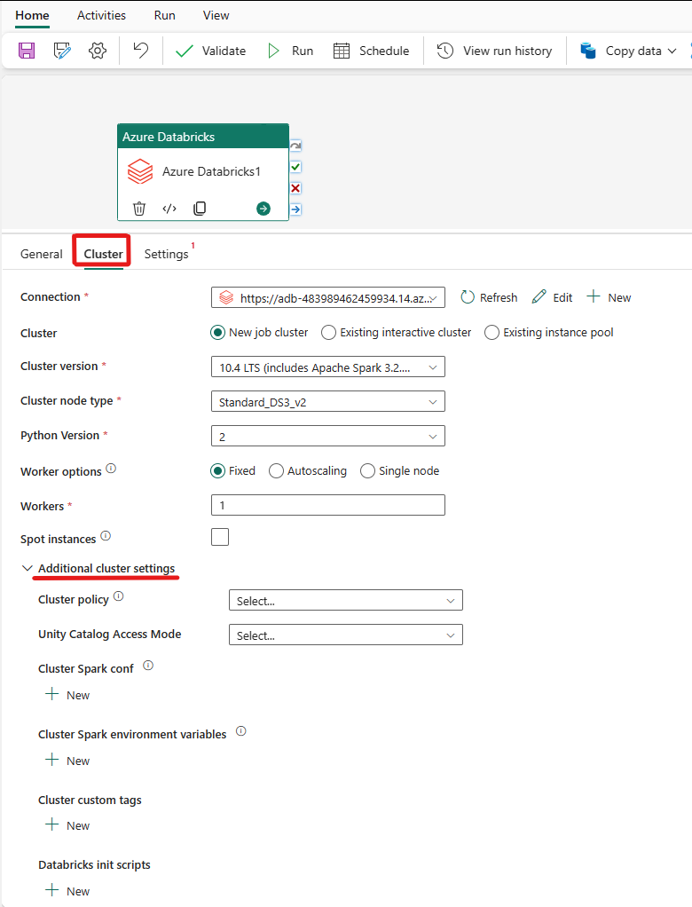 Screenshot showing the Cluster settings tab of the Azure Databricks activity.