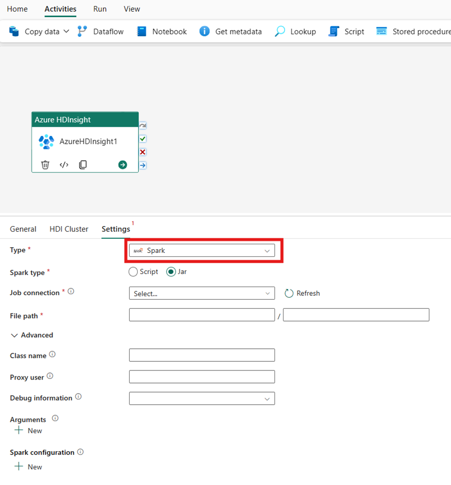 Screenshot showing the selection of the Spark type for the HDInsight cluster.