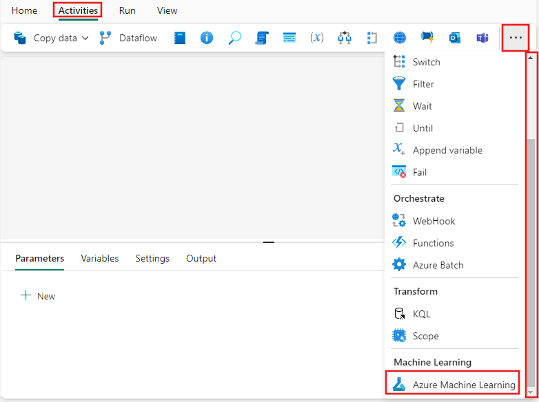 Screenshot of the Fabric UI with the Activities pane and Azure Machine Learning activity highlighted.