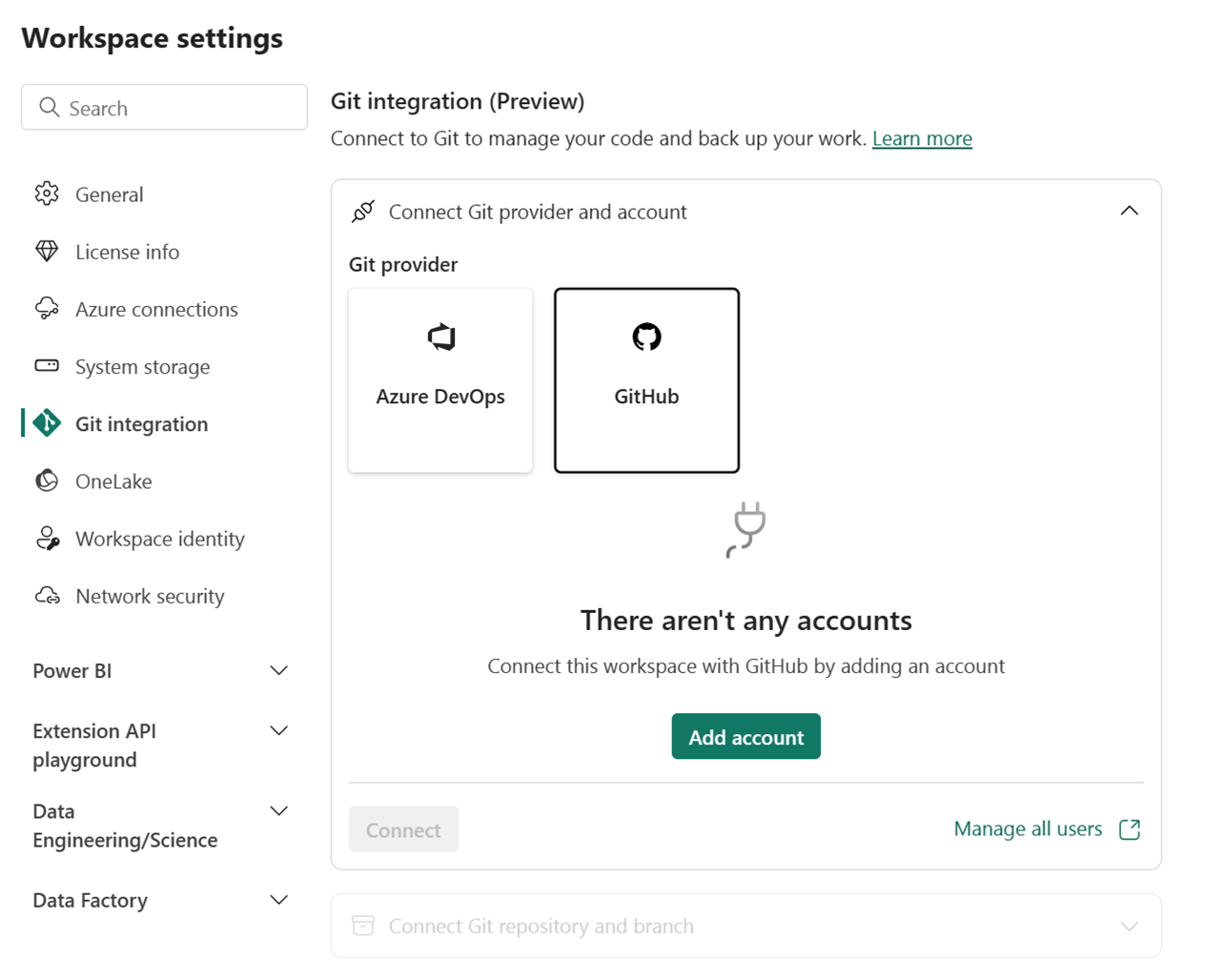 Screenshot showing where to add a GitHub account for a Fabric workspace Git integration.