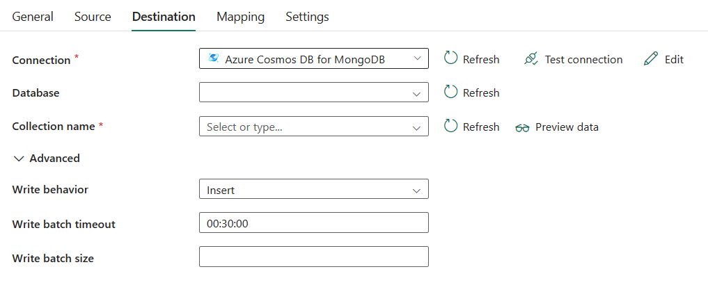 Screenshot showing destination tab and the list of properties.