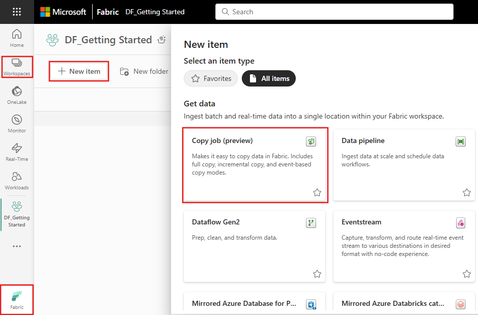 Screenshot showing where to navigate to the Data Factory home page and create a new Copy job (preview).