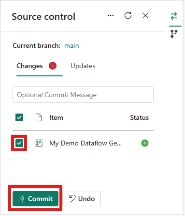 Screenshot of the Source control window with the dataflow selected and Commit button emphasized.