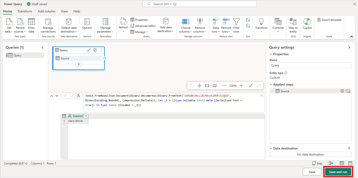 Screenshot of Power Query editor with the Save and run button emphasized.