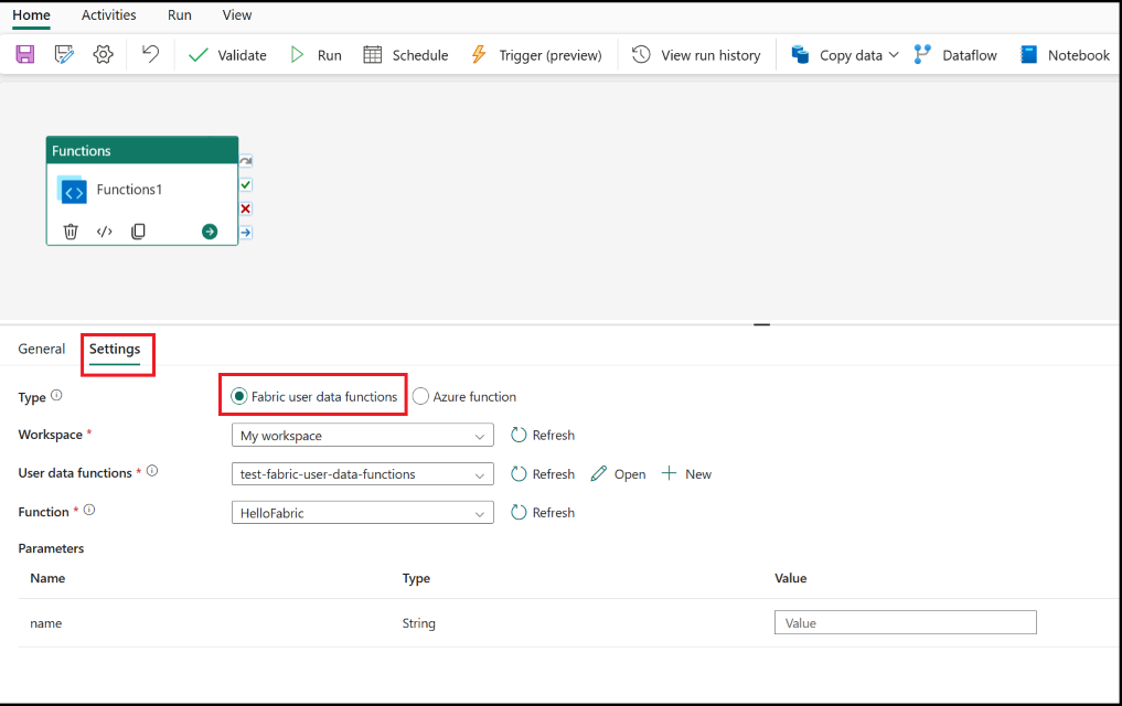 Screenshot showing the Settings tab of the Fabric user data functions activity.