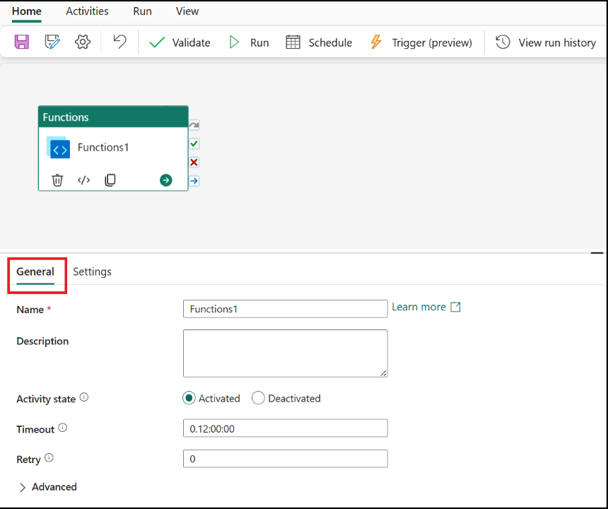 Screenshot showing the General settings tab of the Functions activity.