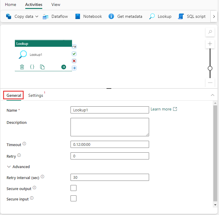 Screenshot showing the General settings tab of the Lookup activity.