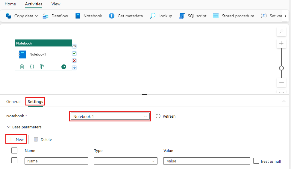 Screenshot showing the Notebook settings tab highlighting the tab, where to choose a notebook, and where to add parameters.