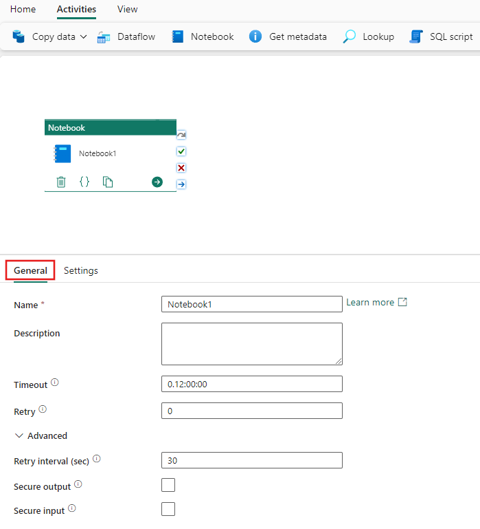 Screenshot showing the General settings tab of the Notebook activity.